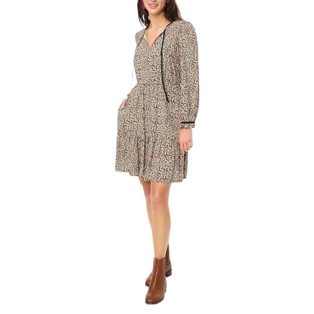 J. Crew Black Floral Long Sleeve‎ Tie Neck Dress Size 4